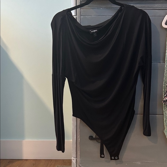 Express Tops - Express Black Draped Long Sleeve Bodysuit